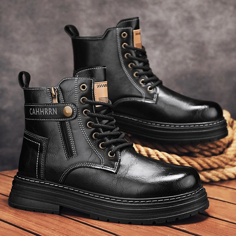 Herren robuste Lederoptik Combat-Boots mit seitlichem Reißverschluss und gepolsterter Plateausohle EB