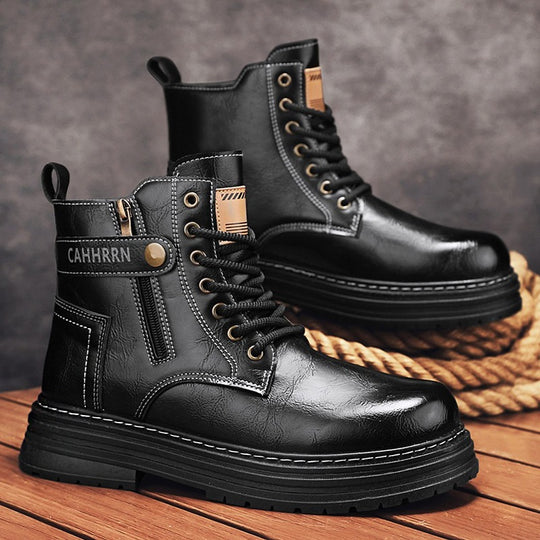 Herren robuste Lederoptik Combat-Boots mit seitlichem Reißverschluss und gepolsterter Plateausohle EB