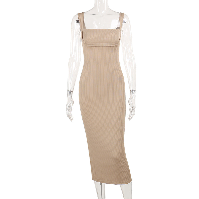 Damen figurbetontes Midi-Kleid mit quadratischem Ausschnitt und feinen Rippdetails EB