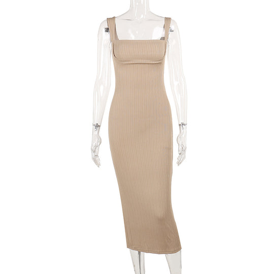 Damen figurbetontes Midi-Kleid mit quadratischem Ausschnitt und feinen Rippdetails EB