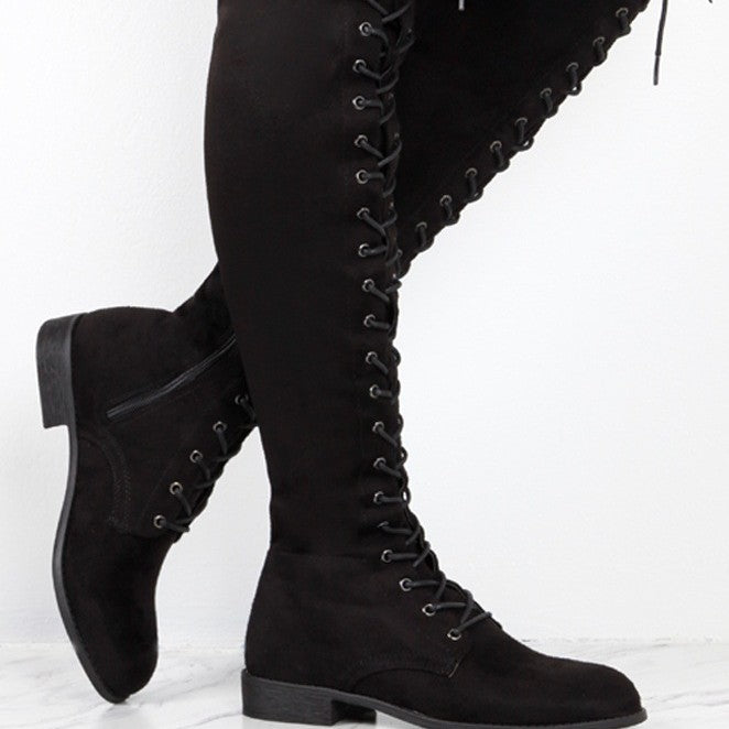 Damen Overkneestiefel aus weichem Wildleder mit dekorativem Schnür-Design EB