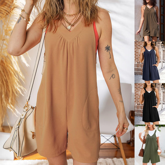 Damen Einteiliger Jumpsuit mit tiefem V-Ausschnitt und praktischen Taschen EB