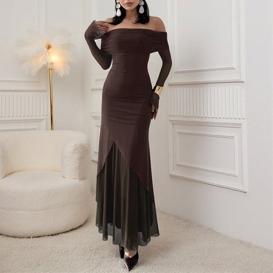 Damen elegantes schulterfreies Maxikleid mit raffiniertem Rüschenoberteil und asymmetrischem Saum EB