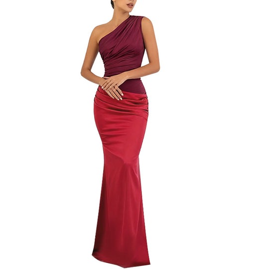 Damen elegantes Maxikleid mit asymmetrischem Oberteil und fließendem Saum EB