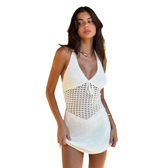 Damen Häkel-Strandkleid mit tiefem V-Ausschnitt und trendigen Details EB