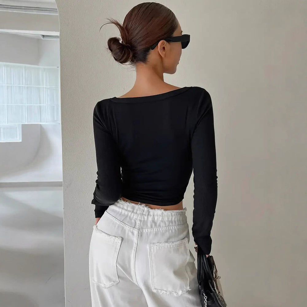 Damen figurbetontes langärmeliges Shirt mit V-Ausschnitt und Knopfleiste EB