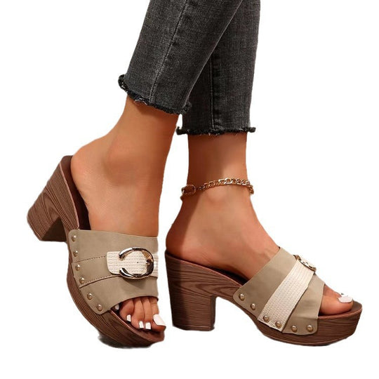 Damen Plattform-Sandalen mit modischem Schnallen-Design und Holzoptik EB