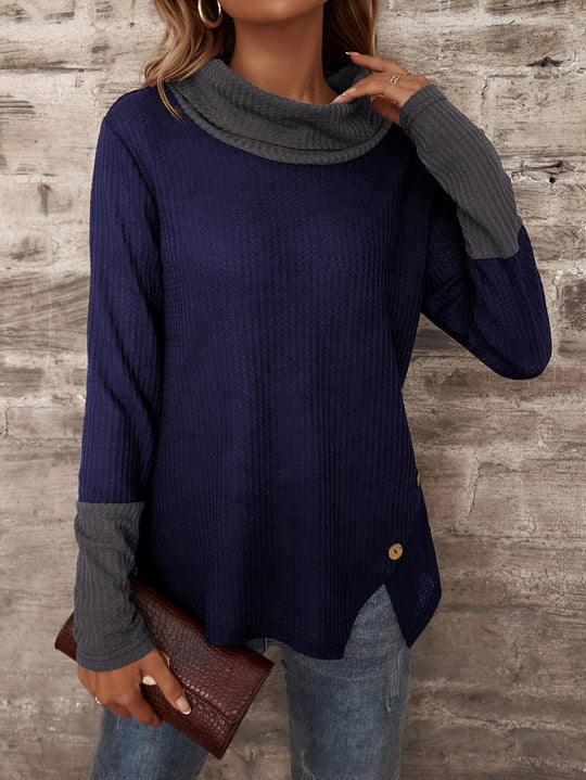 Damen Modischer Pullover mit hohem Kragen und gestreiften Ärmeln EB
