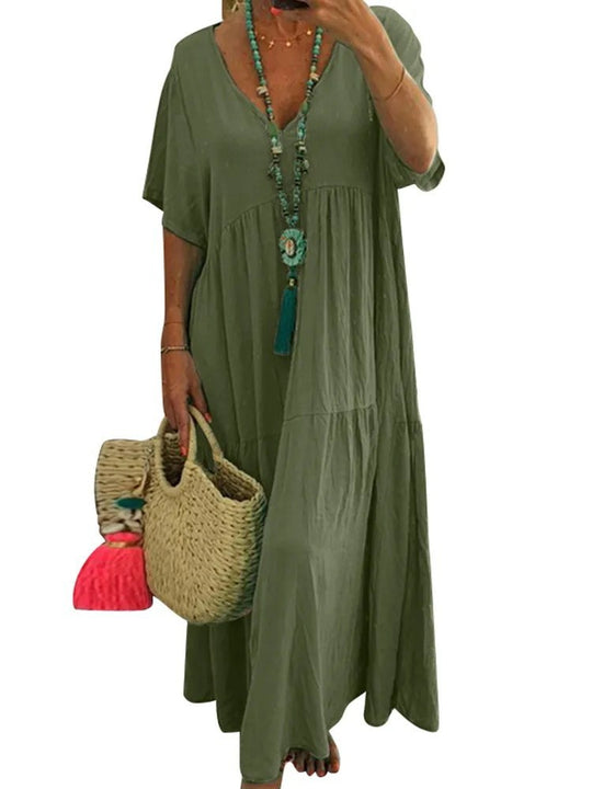 Damen luftiges Boho-Maxikleid mit schwingendem Saum und tiefem V-Ausschnitt EB