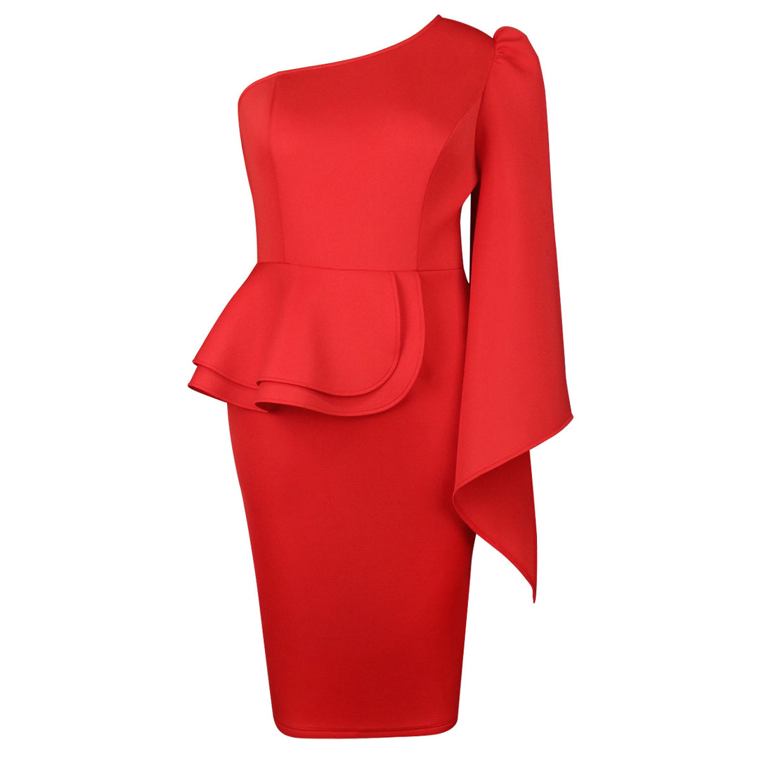 Damen figurbetontes Cocktailkleid mit asymmetrischem Rüschenvolant EB
