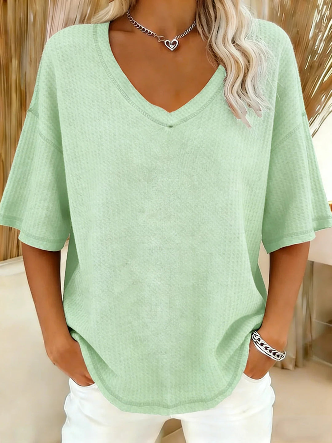 Damen lässiges Oversize-Shirt mit V-Ausschnitt und strukturiertem Muster EB