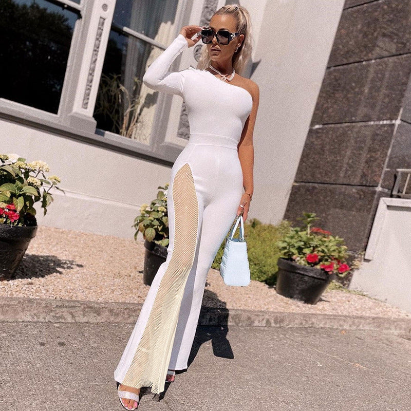 Damen figurbetontes Jumpsuit mit asymmetrischem Ausschnitt und netzseitigen Einsätzen EB