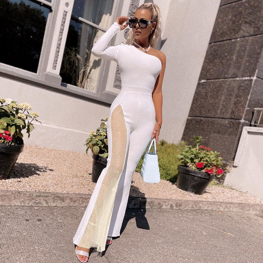 Damen figurbetontes Jumpsuit mit asymmetrischem Ausschnitt und netzseitigen Einsätzen EB