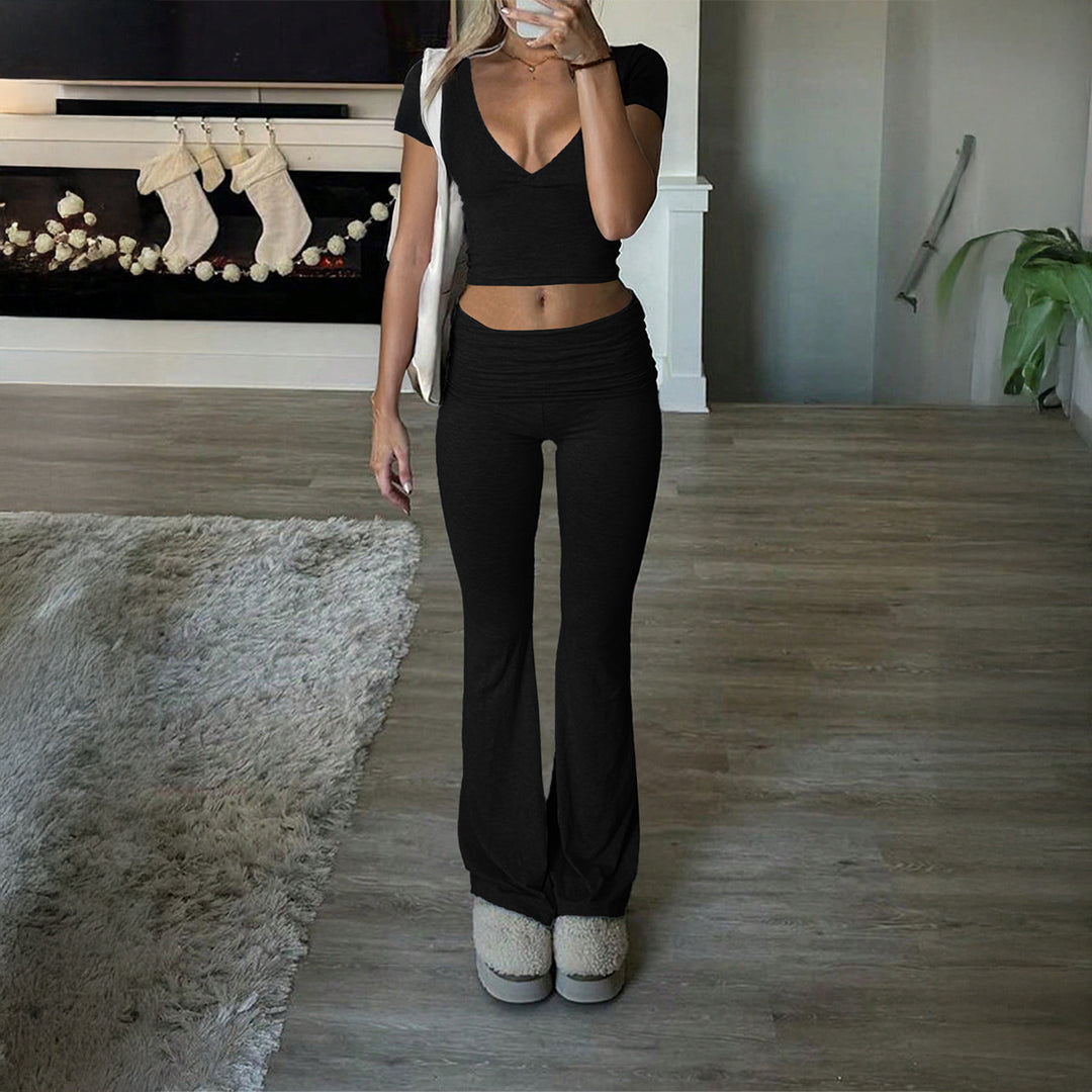 Damen Lässiges Zweiteiliges Lounge-Set mit cropped Oberteil und Bootcut-Hosen EB