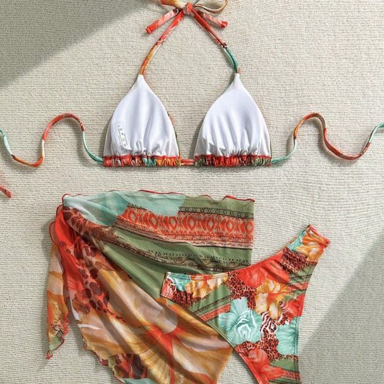 Damen Florales Bikini-Set mit Kombination aus Oberteil und Wickeltuch EB