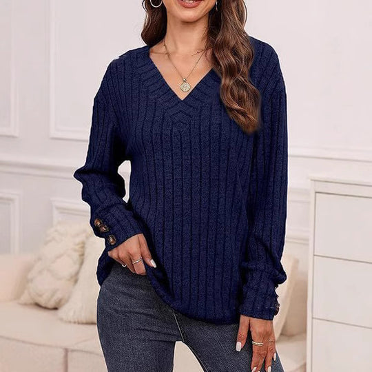 Damen Strickpullover mit V-Ausschnitt und dekorativen Knopfdetails EB