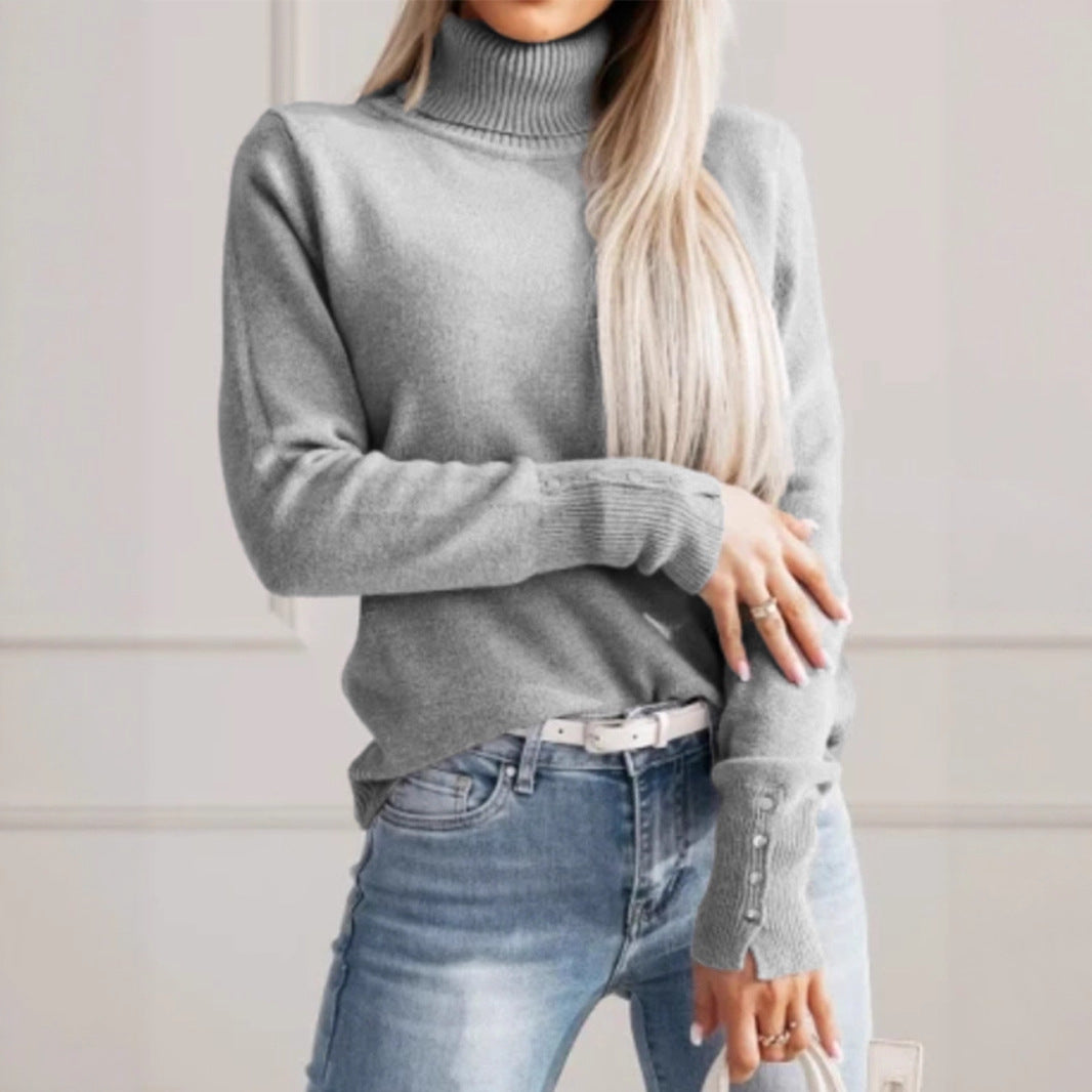 Damen eleganter Rollkragenpullover mit Knopfdetails EB
