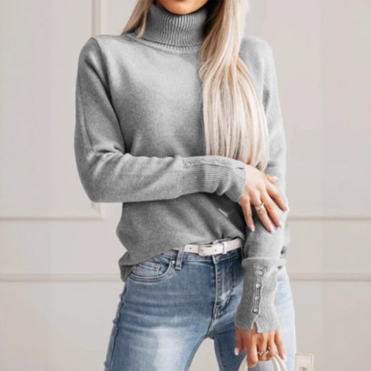 Damen eleganter Rollkragenpullover mit Knopfdetails EB