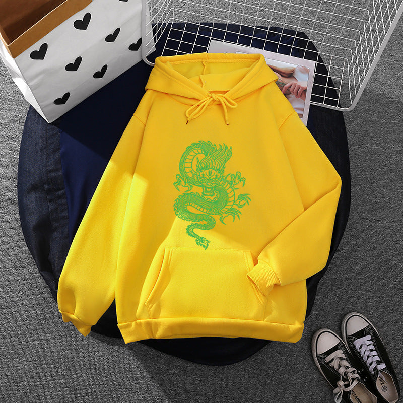 Unisex nan Kapuzenpullover mit detailreichem Drachenmotiv, Oversize‑Schnitt und Kängurutasche EB