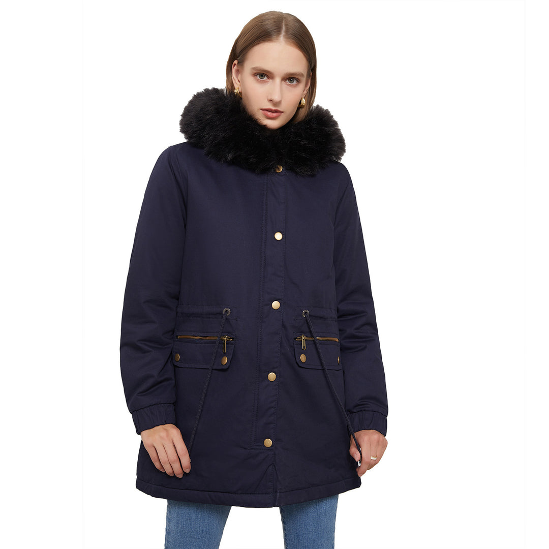 Damen warme Steppjacke mit abnehmbarem Kunstfellkragen EB