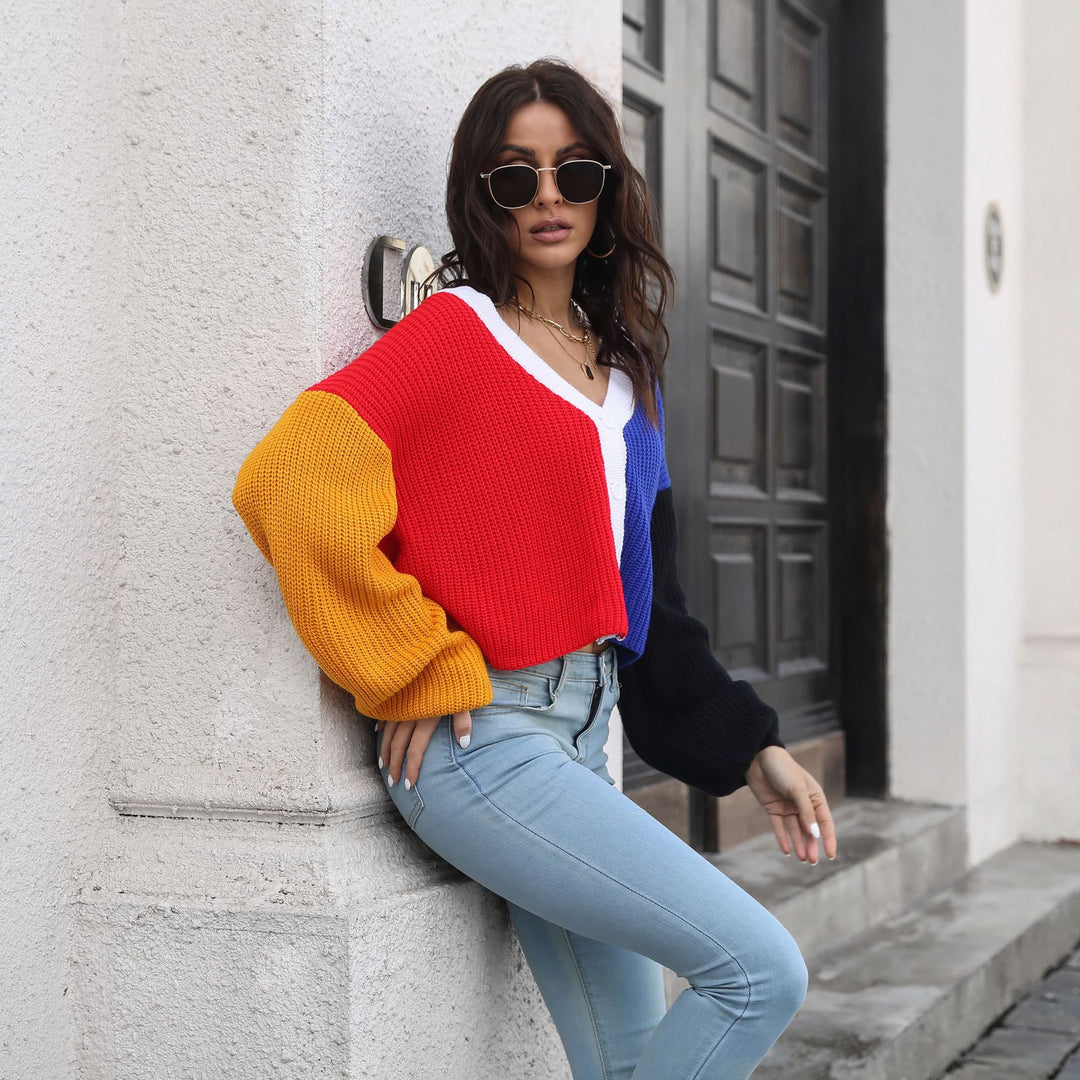 Damen Großer Strickpullover mit Farbblock-Design EB