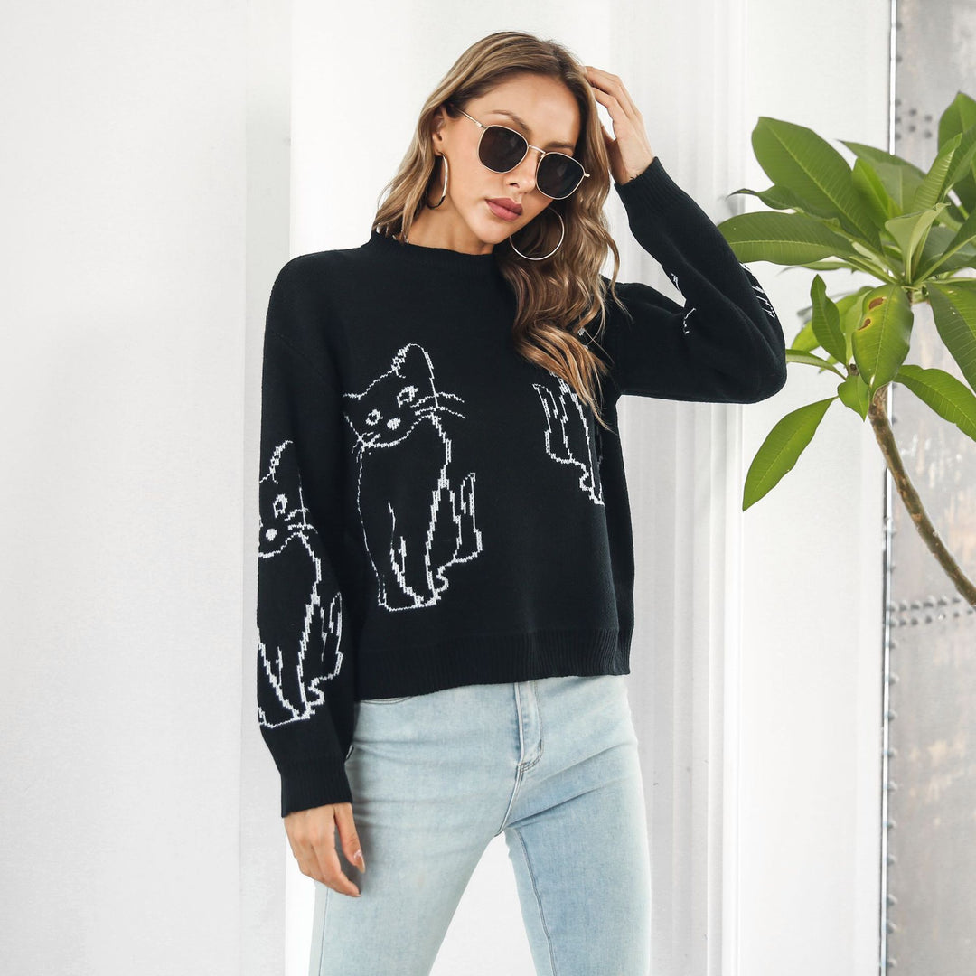 Damen Strickpullover mit verspieltem Katzenmotiv und lässigem Schnitt EB