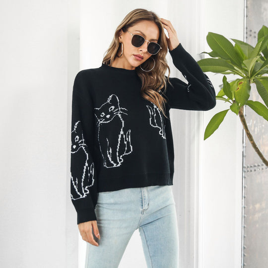 Damen Strickpullover mit verspieltem Katzenmotiv und lässigem Schnitt EB