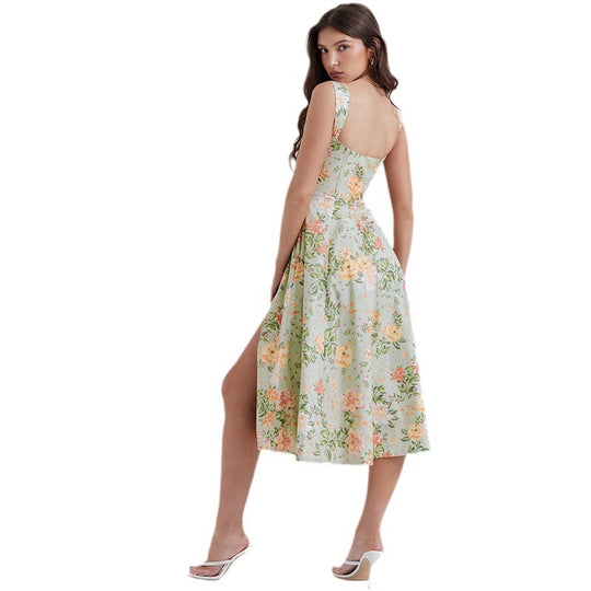 Damen Maxikleid mit floralem Schnitt und schwingendem Rock EB