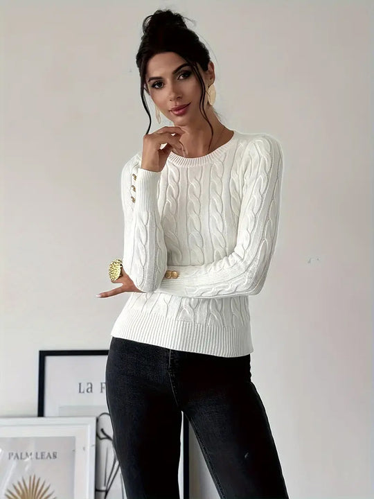 Damen Grobstrick Pullover mit dekorativen Knopfdetails EB