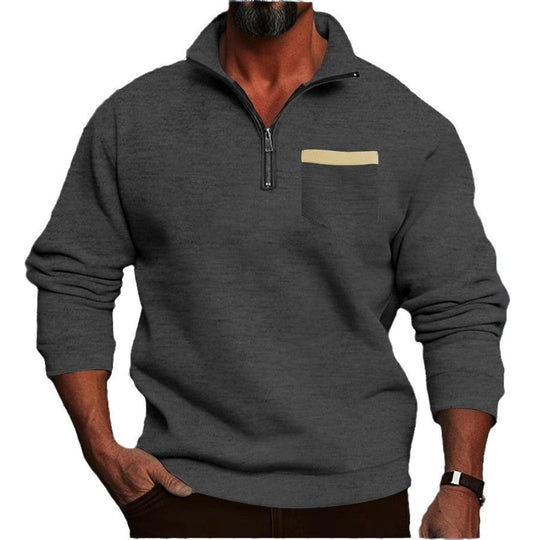Herren nan feinstrukturiertes Halbzip-Feinstrickpullover mit Stehkragen, Brusttasche und schmaler Silhouette EB