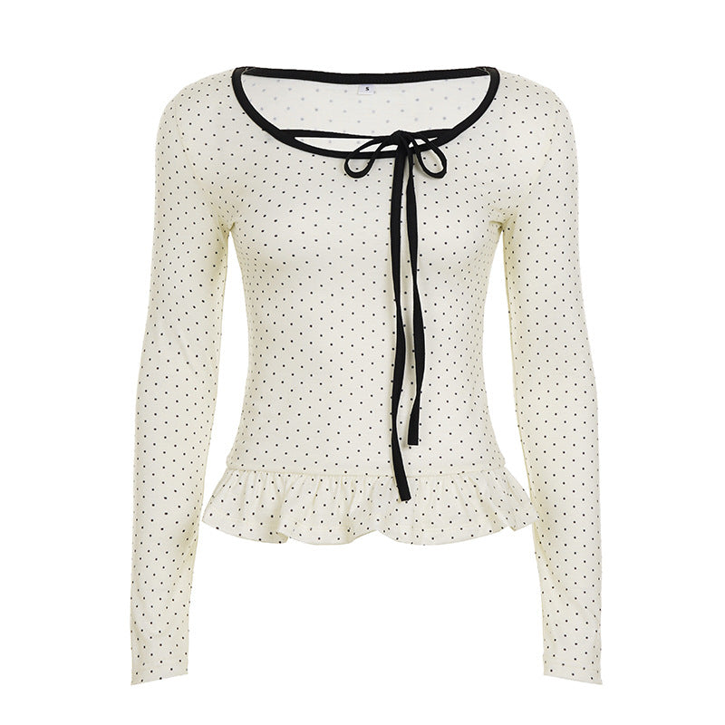 Damen nan tailliertes Longsleeve mit Rüschensaum, Tunnelzug und feinem Punktmuster EB