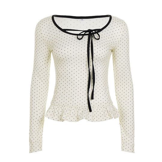 Damen nan tailliertes Longsleeve mit Rüschensaum, Tunnelzug und feinem Punktmuster EB
