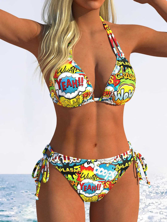 Damen Triangel-Bikini mit verstellbaren Bindebändern und modischem Wellenmuster EB