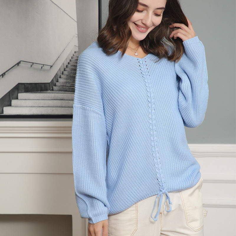 Damen Grobstrick Pullover mit attraktivem V-Ausschnitt und praktischen Kordeldetails EB