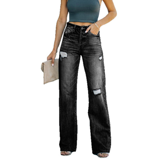 Damen High-Waist Schluchzen Jeans mit weitem Beinum EB