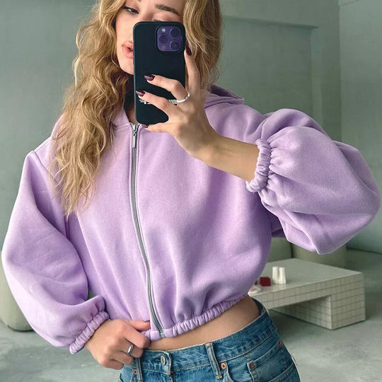 Damen kurzes Oversize-Kapuzen-Sweatshirt mit Reißverschluss, Ballonärmeln und elastischem Saum EB