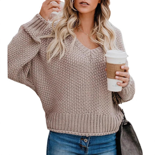 Damen Grobstrickpullover mit V-Ausschnitt und lässiger Passform EB