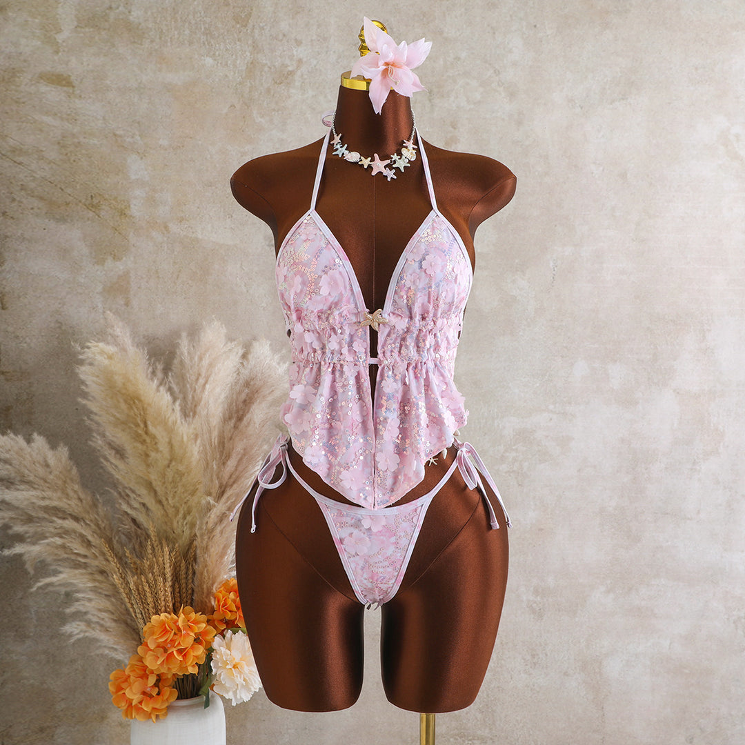 Damen Fließendes Strandtop mit floralem Design und transparentem Overlayer EB