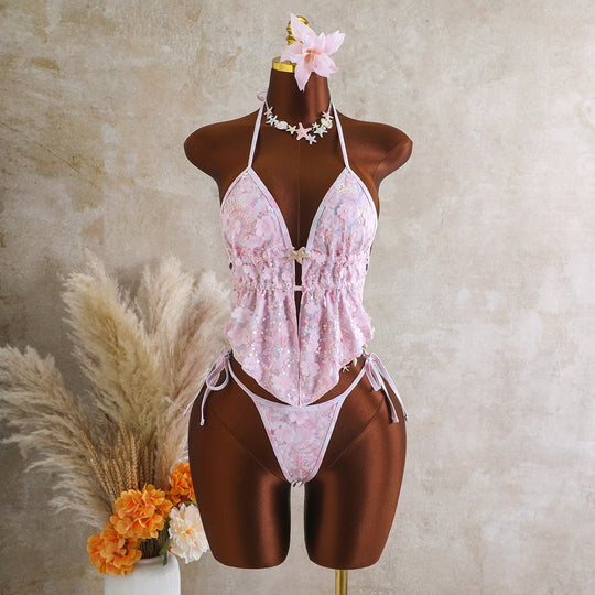 Damen Fließendes Strandtop mit floralem Design und transparentem Overlayer EB