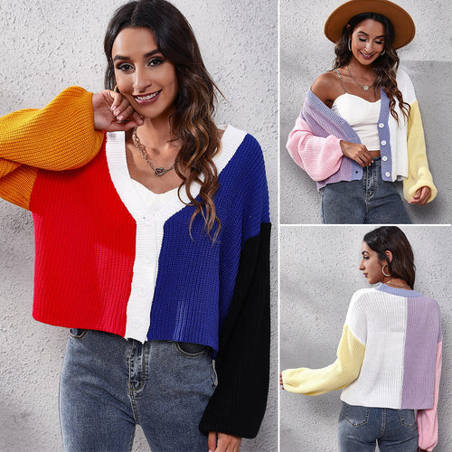 Damen Moderner Strickcardigan mit bunten Blockstreifen und V-Ausschnitt EB