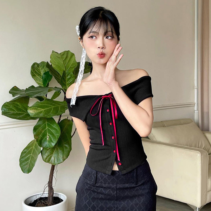Damen Off-Shoulder Bluse mit Kontrastknöpfen und Taillenband EB