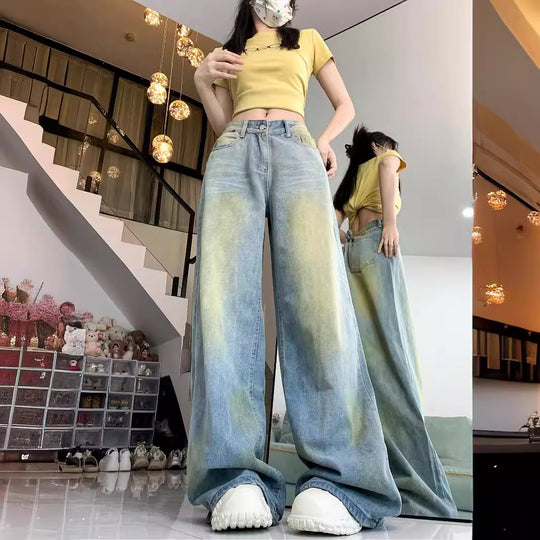 Damen weite High-Waist Jeans im lässigen Stil mit individuellen Waschungen EB