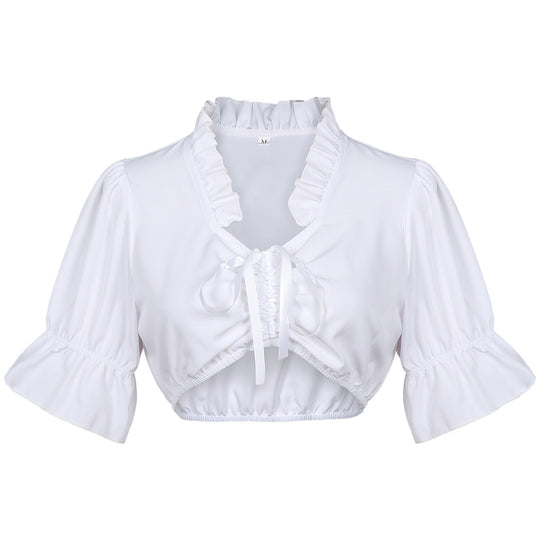 Damen nan Spitzenbolero Bluse mit Stehkragen, 3/4 Ärmeln und Bindeband EB