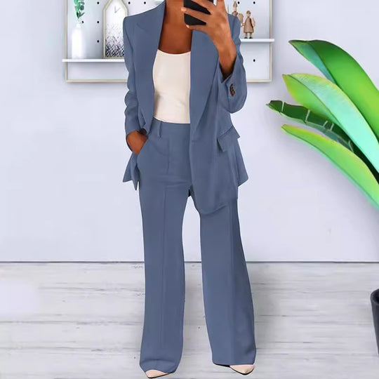 Damen nan bürotaugendes Hosenanzug Set mit weiter Hose und tailliertem Blazer EB