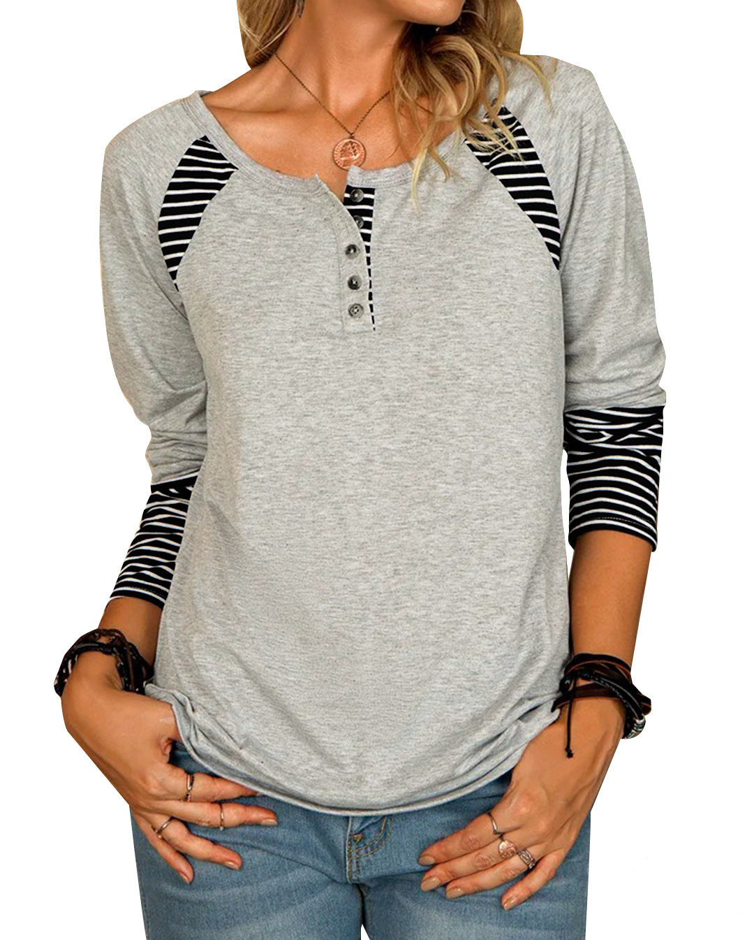 Damen lässiges Langarmshirt mit gestreiften Farbblockdetails und Knopfverschluss EB