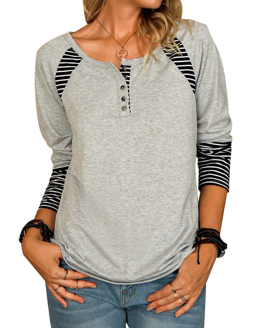 Damen lässiges Langarmshirt mit gestreiften Farbblockdetails und Knopfverschluss EB