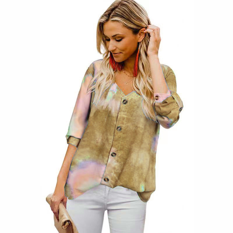 Damen Lässige Bluse mit buntem Farbverlauf und umschlagbaren Ärmel EB
