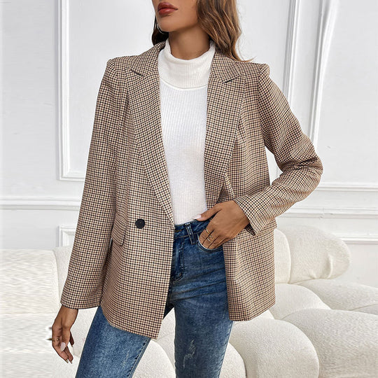 Damen kariertes Oversized Blazerjackett mit doppelter Knopfleiste EB