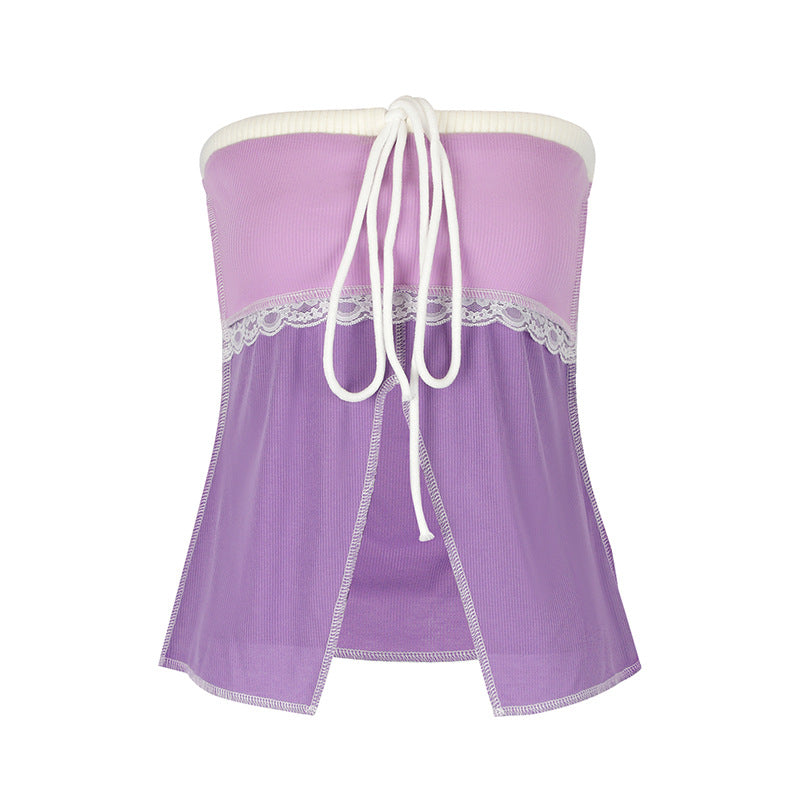 Damen Offshoulder Top mit Spitzenakzenten und Tasche EB