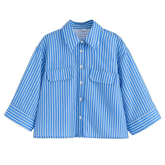 Damen gestreifte Bluse mit übergroßem Schnitt und praktischen Taschen EB